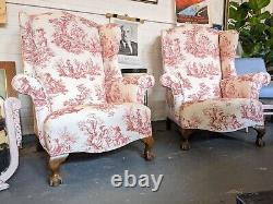 2 Refurbished Fireside Wingback Armchairs In Soft Linen C 1940s Old English