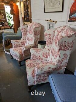 2 Refurbished Fireside Wingback Armchairs In Soft Linen C 1940s Old English