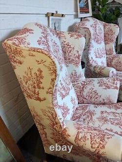 2 Refurbished Fireside Wingback Armchairs In Soft Linen C 1940s Old English