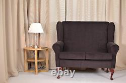 2 Seater High Back Sofa Brown Fabric Wing Fireside Living Room Lounge Couch UK