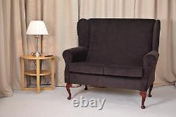 2 Seater High Back Sofa Brown Fabric Wing Fireside Living Room Lounge Couch UK