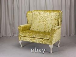 2 Seater High Back Sofa Chartreuse Fabric Wing Fireside Living Room Stud Couch