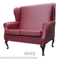 2 Seater High Back Sofa Red Leather Wing Fireside Living Room Lounge Couch UK