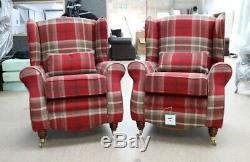 2 X Stamford Fireside Checked High Back Wing Chairs Red Check Tartan Fabric