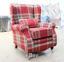 2 X Stamford Fireside Checked High Back Wing Chairs Red Check Tartan Fabric