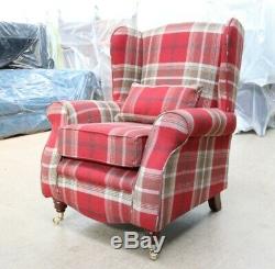 2 X Stamford Fireside Checked High Back Wing Chairs Red Check Tartan Fabric