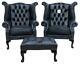 2 X Chesterfield Queen Anne Wing High Back Fireside Chairs Antique Blue Leather