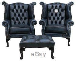2 x Chesterfield Queen Anne Wing High Back Fireside Chairs Antique Blue Leather