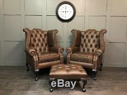 2x Chesterfield Armchair High Wing Back Fireside Saloon Leather Chair Queen Anne