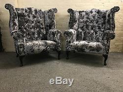 2x High Wing Back Armchairs Fireside Leather Pair Chairs Easy Queen Anne Legs UK