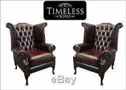 2x High Wing Back Armchairs Fireside Oxblood Leather Pair Chair Queen Anne Legs