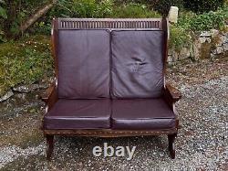 A Nigel Griffiths Oak Two Seater Leather Fireside Chair Settee Winged Armchair