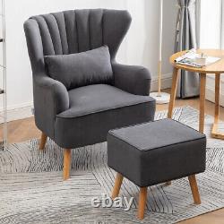 Accent Armchair with Footstool Retro Fabric Upholstered Wing Back Fireside Chair