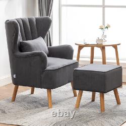 Accent Armchair with Footstool Retro Fabric Upholstered Wing Back Fireside Chair