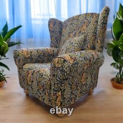 Accent Wing Back Fireside Chair Stunning William Morris Blue Tapestry Fabric