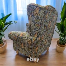 Accent Wing Back Fireside Chair Stunning William Morris Blue Tapestry Fabric