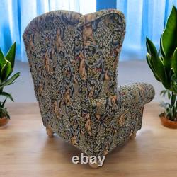 Accent Wing Back Fireside Chair Stunning William Morris Blue Tapestry Fabric