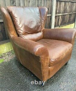 Antique Brown Leather High Back Wing Armchair Fireside Chair Matching Footstool