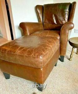 Antique Brown Leather High Back Wing Armchair Fireside Chair Matching Footstool
