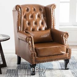 Antique Chesterfield Style Leather Chair Wing Back Fireside Armchair and Cushion