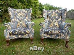 Antique Georgian Style Pair Of Wing Back Scroll Arm Fireside Armchairs Ball/claw