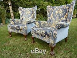 Antique Georgian Style Pair Of Wing Back Scroll Arm Fireside Armchairs Ball/claw