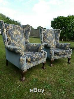 Antique Georgian Style Pair Of Wing Back Scroll Arm Fireside Armchairs Ball/claw