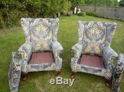 Antique Georgian Style Pair Of Wing Back Scroll Arm Fireside Armchairs Ball/claw