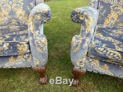 Antique Georgian Style Pair Of Wing Back Scroll Arm Fireside Armchairs Ball/claw