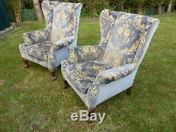 Antique Georgian Style Pair Of Wing Back Scroll Arm Fireside Armchairs Ball/claw