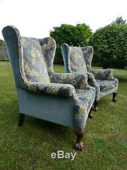 Antique Georgian Style Pair Of Wing Back Scroll Arm Fireside Armchairs Ball/claw