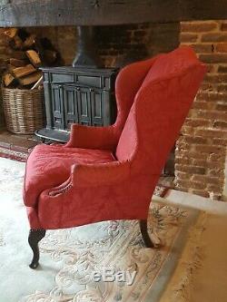 Antique Large Wing Back Fireside Armchair in Red Gainsborough fabric