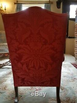 Antique Large Wing Back Fireside Armchair in Red Gainsborough fabric