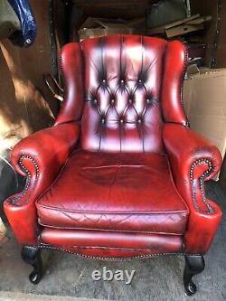 Antique Queen Anne Chesterfield Armchair. Ox Blood Red. Wingback Fireside Chair