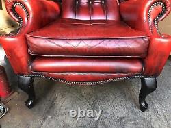 Antique Queen Anne Chesterfield Armchair. Ox Blood Red. Wingback Fireside Chair