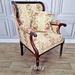 Antique Victorian Edwardian Wing Back Fabric Fireside Tub Chair Carved Armchair