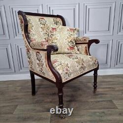Antique Victorian Edwardian Wing Back Fabric Fireside Tub Chair Carved Armchair
