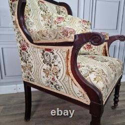Antique Victorian Edwardian Wing Back Fabric Fireside Tub Chair Carved Armchair