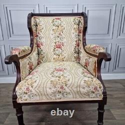 Antique Victorian Edwardian Wing Back Fabric Fireside Tub Chair Carved Armchair