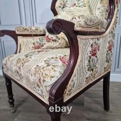 Antique Victorian Edwardian Wing Back Fabric Fireside Tub Chair Carved Armchair