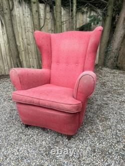 Antique Vintage Salmon Fabric Wingback Fireside Armchair For Upholstery Project