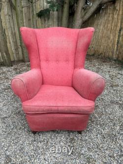 Antique Vintage Salmon Fabric Wingback Fireside Armchair For Upholstery Project