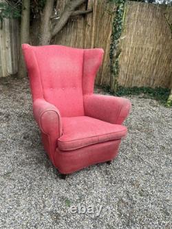 Antique Vintage Salmon Fabric Wingback Fireside Armchair For Upholstery Project