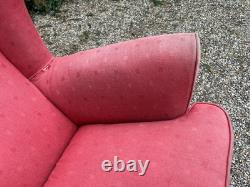 Antique Vintage Salmon Fabric Wingback Fireside Armchair For Upholstery Project