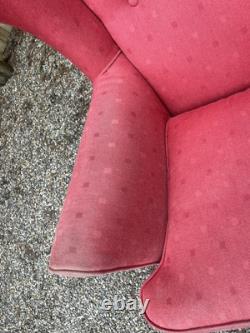 Antique Vintage Salmon Fabric Wingback Fireside Armchair For Upholstery Project