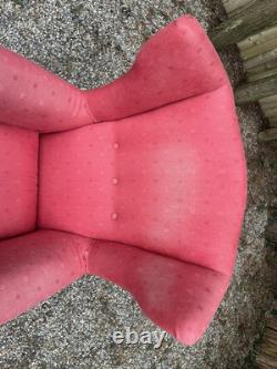 Antique Vintage Salmon Fabric Wingback Fireside Armchair For Upholstery Project
