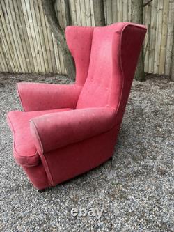 Antique Vintage Salmon Fabric Wingback Fireside Armchair For Upholstery Project