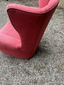 Antique Vintage Salmon Fabric Wingback Fireside Armchair For Upholstery Project