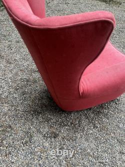 Antique Vintage Salmon Fabric Wingback Fireside Armchair For Upholstery Project