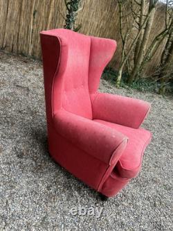 Antique Vintage Salmon Fabric Wingback Fireside Armchair For Upholstery Project